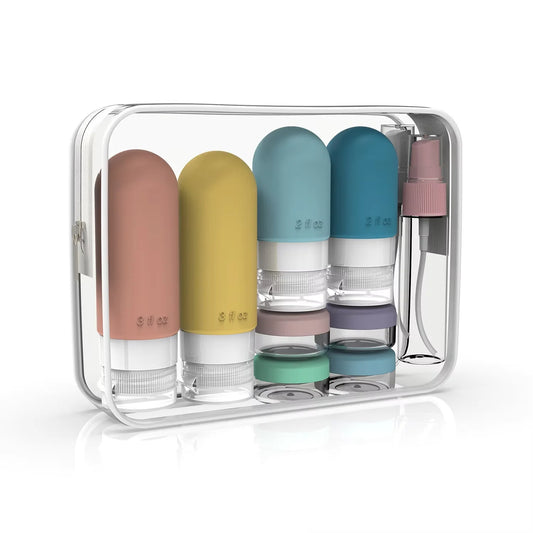 Kit de Viagem Premium 16 Peças – Garrafas de Silicone Anti-Vazamento (Aprovado para Avião)