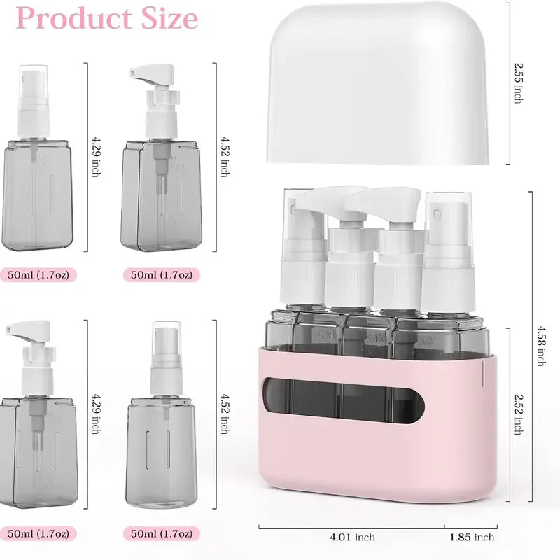 Kit de Viagem 4 em 1 Recarregável 50ml – Anti-Vazamento, Spray, Loção e Bomba (Aprovado para Avião)
