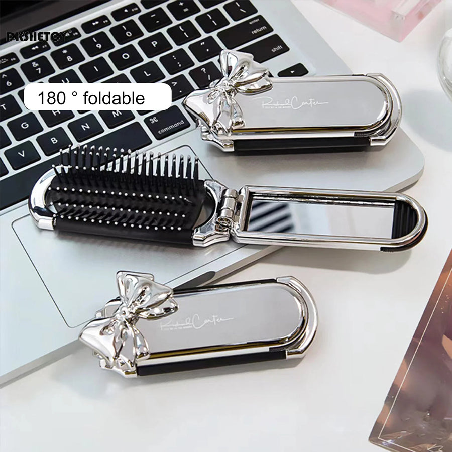 Mini Escova de Cabelo Dobrável com Espelho – Edição Luxo Cromada