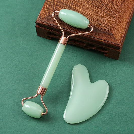 Conjunto Gua Sha + Rolo de Jade – Lifting Facial, Anti-Rugas, Presente
