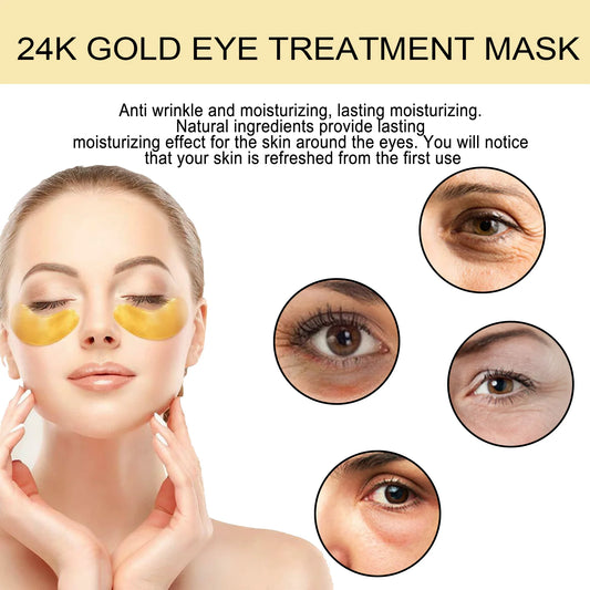 Máscaras de Olhos Ouro 24K – Colagénio + Ácido Hialurónico, 60 Unidades