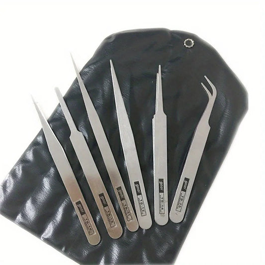 Kit 6 Pinças de Aço Inoxidável – Precisão Industrial, Pontas Retas e Dobradas para DIY