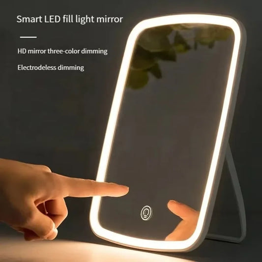 Espelho de Maquilhagem LED com Suporte – Toque Regulável, Dobrável