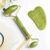 Rolo de Jade Natural com Gua Sha – Lifting Facial, Anti-Rugas, Cabeça Dupla