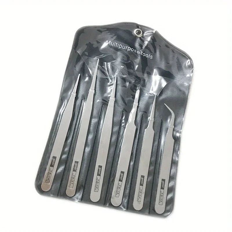 Kit 6 Pinças de Aço Inoxidável – Precisão Industrial, Pontas Retas e Dobradas para DIY