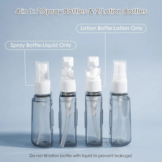 Kit de Viagem 4 em 1 Recarregável 50ml – Anti-Vazamento, Spray, Loção e Bomba (Aprovado para Avião)