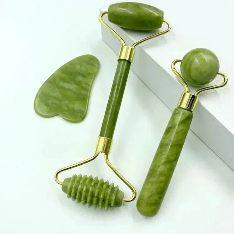 Rolo de Jade Natural com Gua Sha – Lifting Facial, Anti-Rugas, Cabeça Dupla